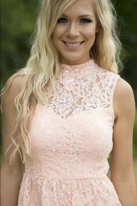 Pink Short Lace Bridesmaid Dresses | Hollow Back Country Wedding Party Dress