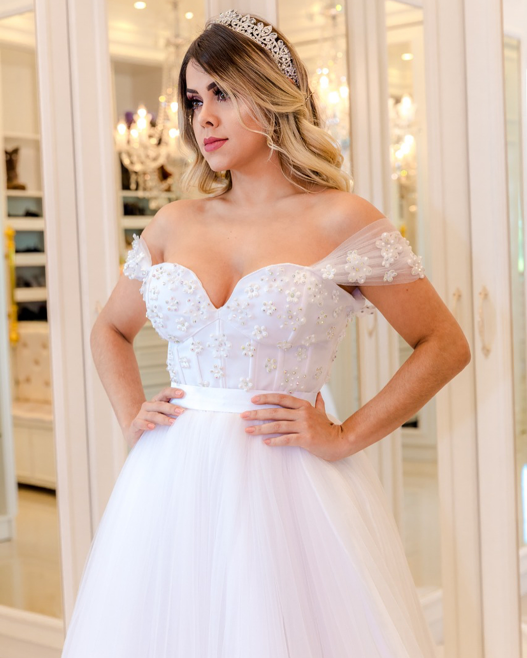 Elegant Pearls Ball Gown Wedding Dresses | Off-the-Shoulder Bridal Gowns