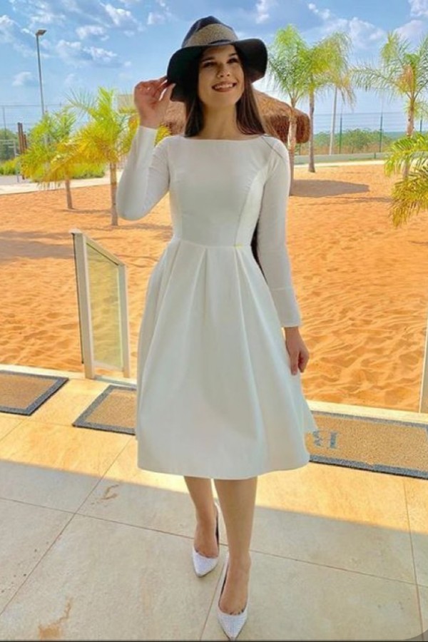 Bateau Long Sleeves Grace Tea Length Dresses for Wedding Party and Other Event
