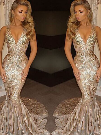 V-neck Mermaid Sleeveless Champagne Sexy Sequins Deep Gold Evening Gown