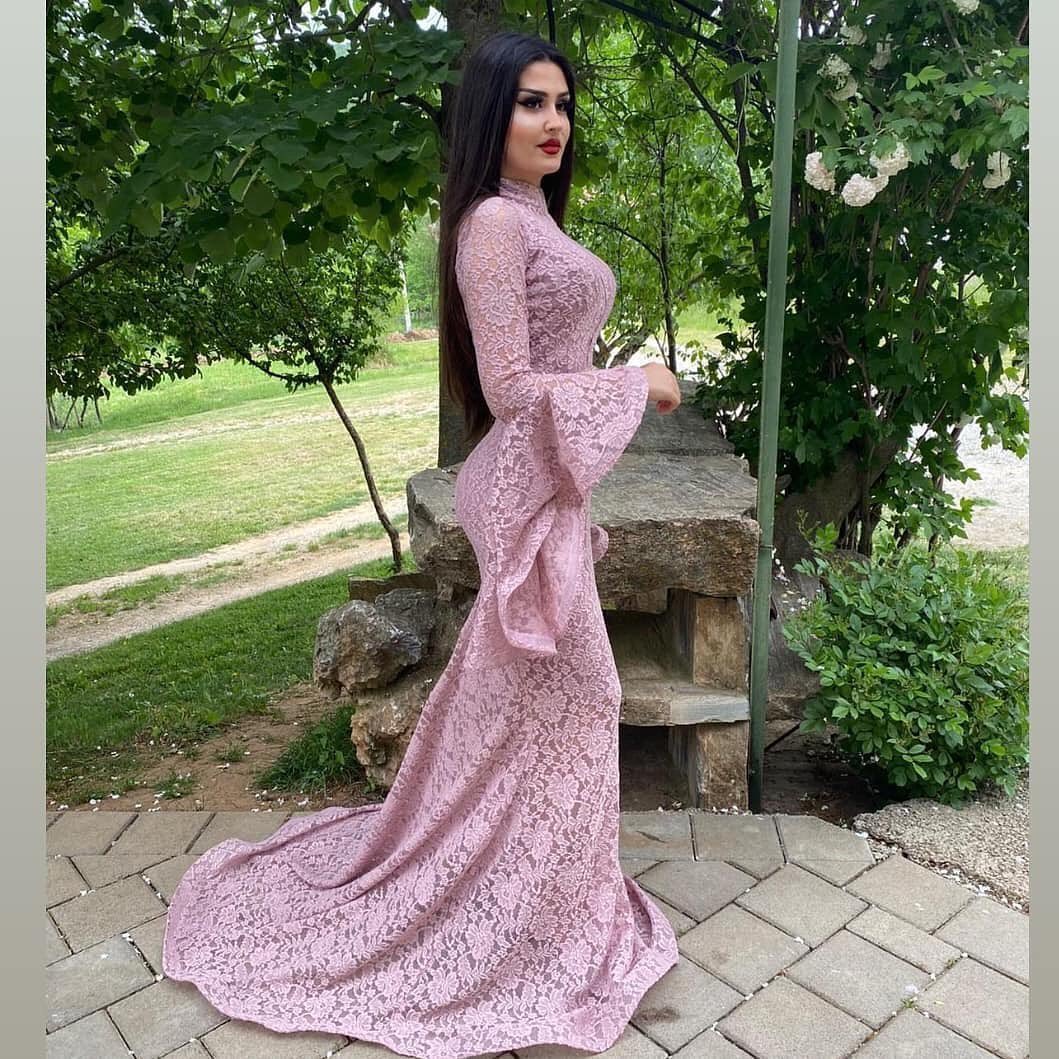 Unique High Neck Long Sleeve Appliques Lace Ruffles Floor-length Mermaid Prom Dress