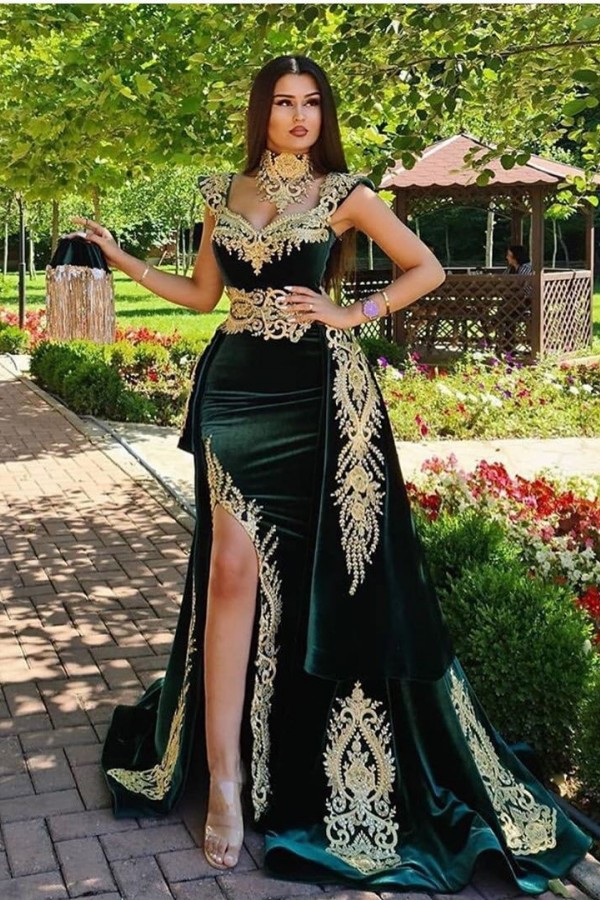 Mermaid Dark Green Velvet Formal Prom Dresses with Gold Lace appliques
