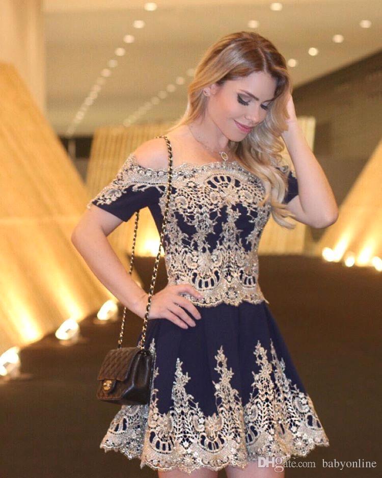 Short-Sleeves Latest Cheap Lace Navy Off-The-Shoulder Appliques Homecoming Dress