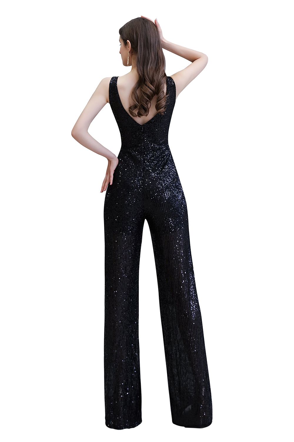 Women's Fashion V-neck Straps Sparkly Sequin Prom Jumpsuit