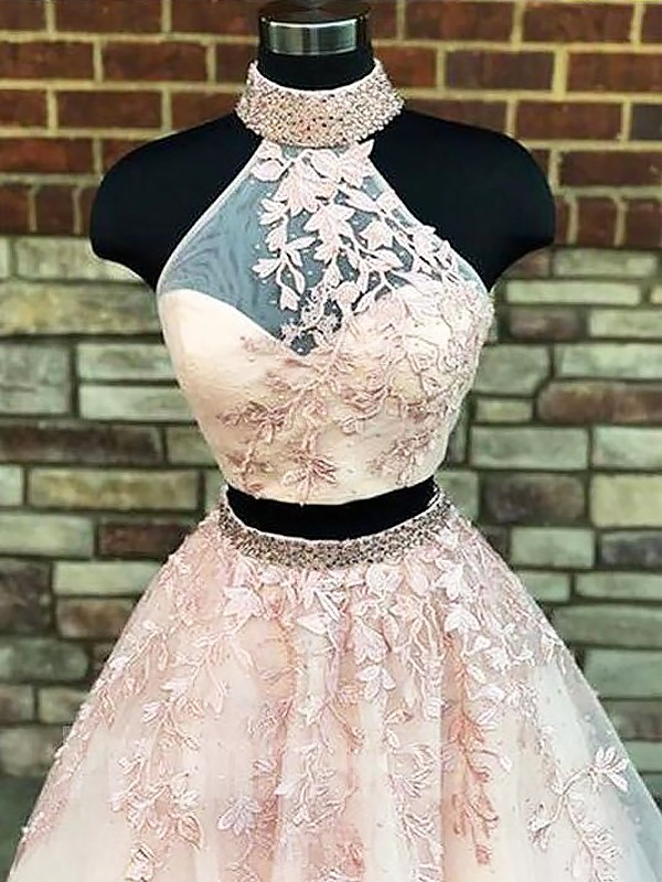 Chic Halter Two Piece Applique Prom Dresses Lace Up Crystal Sexy Evening Dresses with Beads