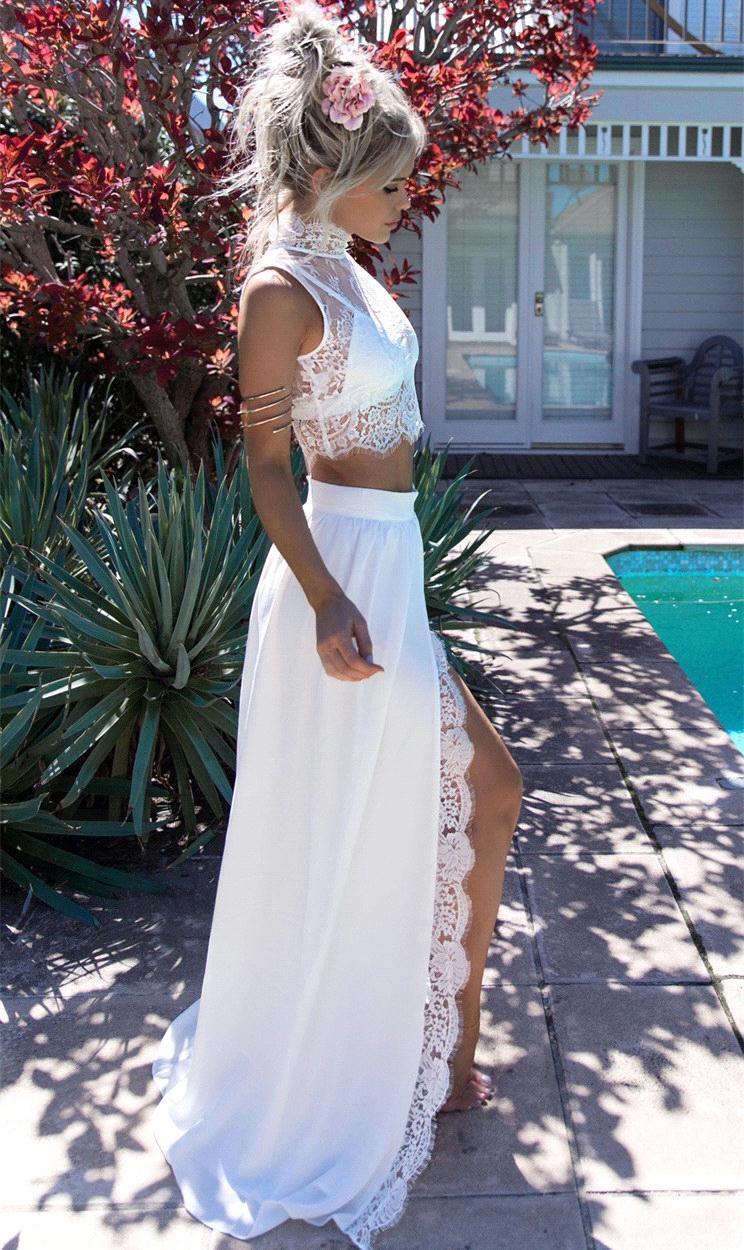 Elegant White Two-Piece Evening Gowns | Sheer Lace Slit Formal Dress