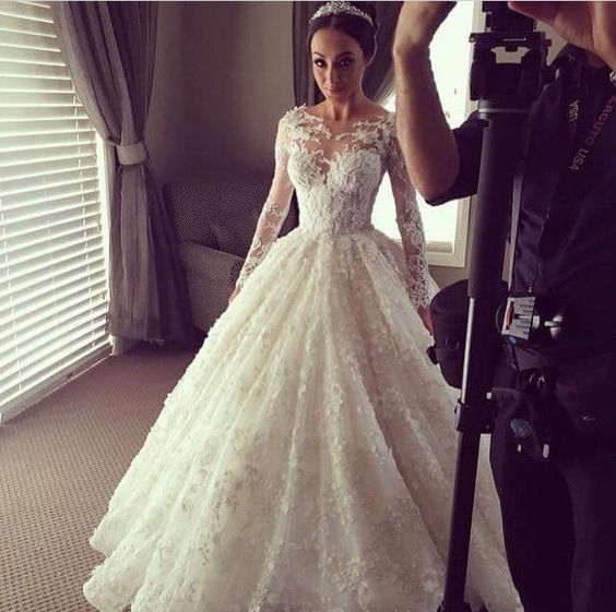 Illusion Long Sleeves 3D-Floral Appliques Luxury Ball Gown Wedding Dresses
