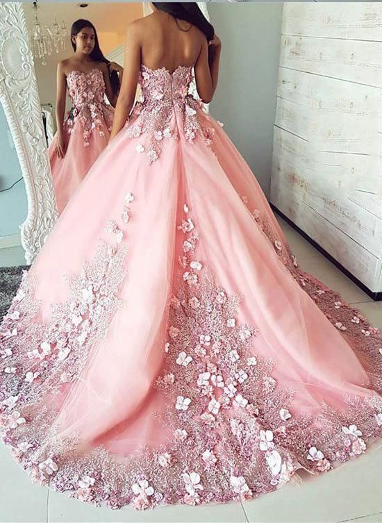 Romactic Pink Flower Sweetheart Applique Prom Dresses Ribbons Ball Gown Sleeveless Sexy Evening Dresses with Beads