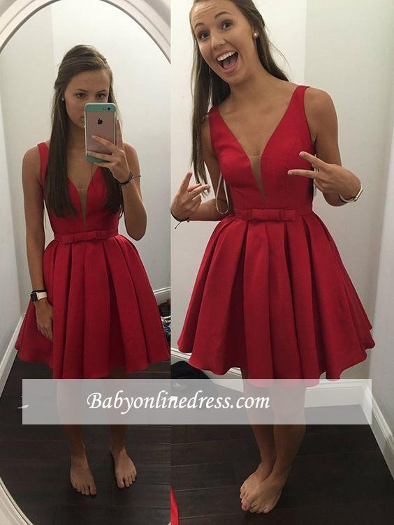 Simple Cheap V-neck Sleeveless Short Bowknot Straps Red Homecoming Dress
