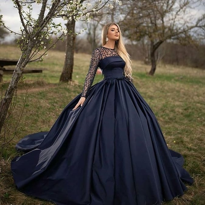 Classy Black A-line Bateau Long Sleeve Pearl Floor-length Ruffles Satin Prom Dress