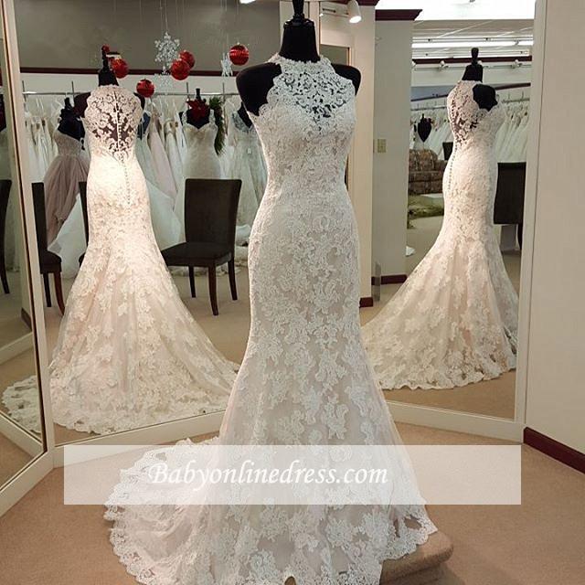 Elegant Mermaid Wedding Dresses | High Neck Lace Sleeveless Bridal Dresses