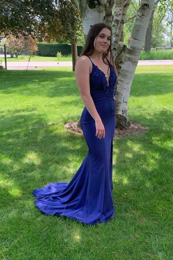 Sexy Deep V-neck Spaghetti Straps Backless Mermaid Prom Dress With Slit