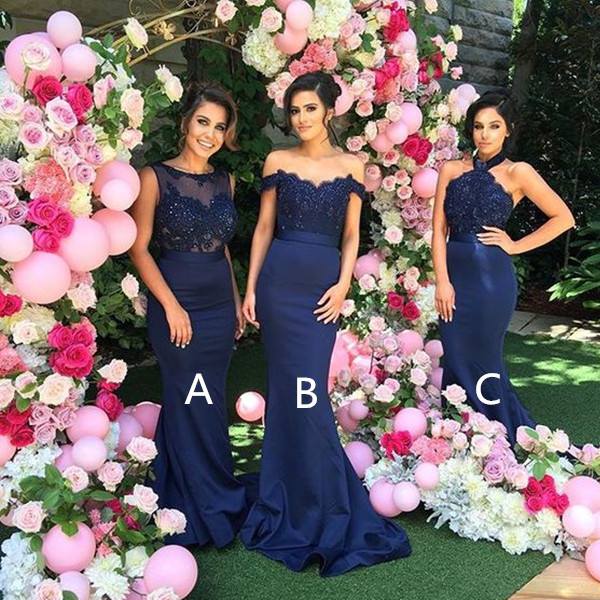 Elegant Mermaid Bridesmaid Dresses 3 Style Appliques Satin Long Prom Dresses
