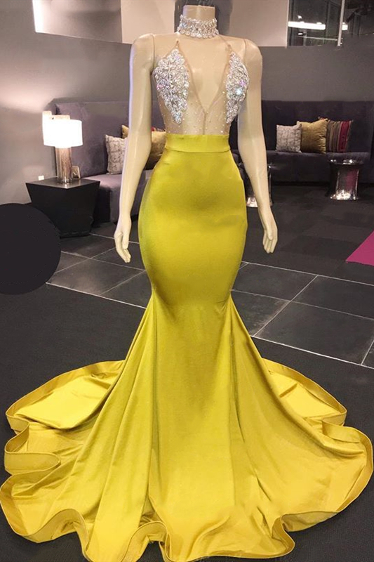 Yellow Sleeveless Floor Length Crystals Sheer Sparkly Sexy Mermaid Prom Dresses