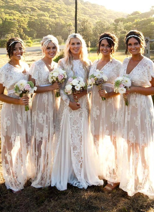 Elegant Capped-Sleeves Sheer Lace V-Neck Long Bridesmaid Dresses