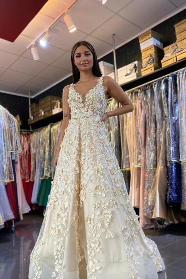 Pretty Deep V-neck A-line Open Back Prom Dress With 3D Floral Pearl