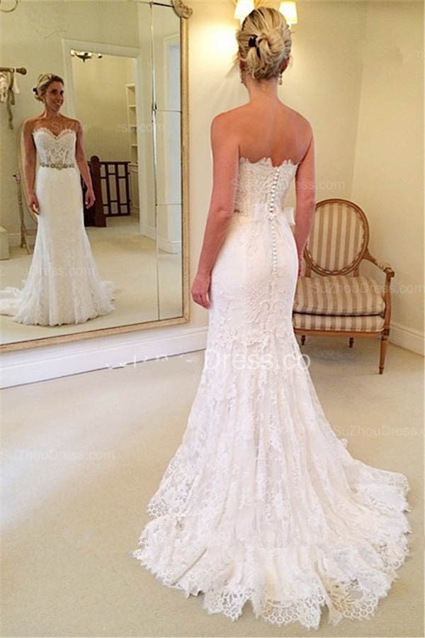 Lace Mermaid Sweetheart Wedding Dresses Crystals Beaded Belt Court Train Bridal Gowns