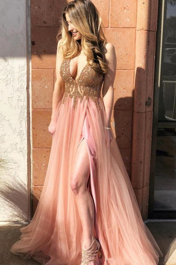 Chic Beads Applique Prom Dresses Side slit Sleeveless Sexy Evening Dresses