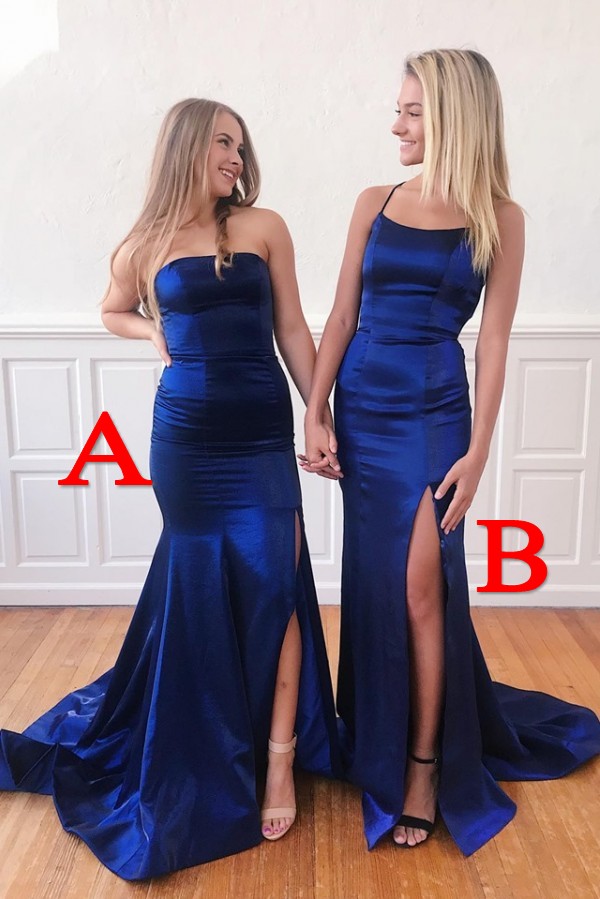 Flowing Floor Length Fitted Satin Prom Dresses with Slit | Long Silky Evening Dresses