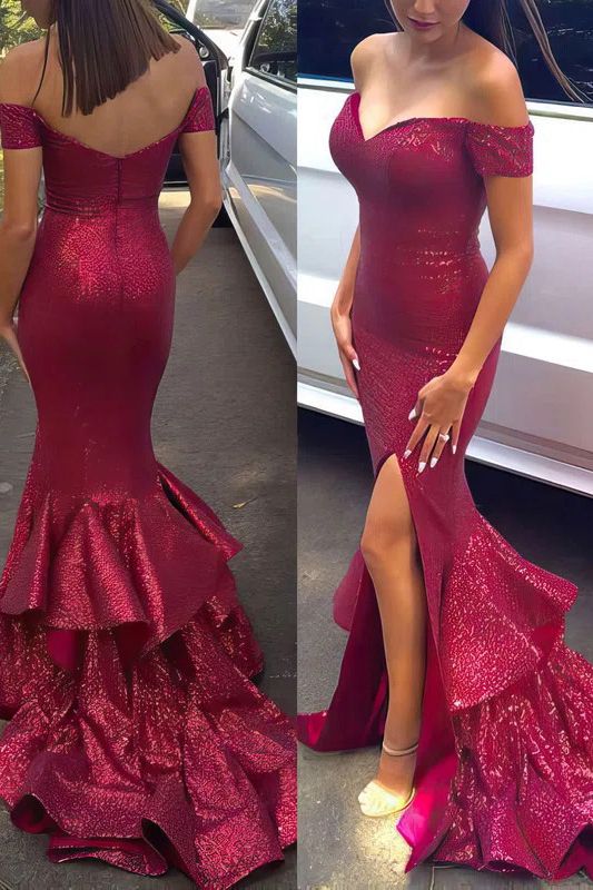 Off-the-shoulder Sweetheart Sequins Backless Ruffles Mermaid Prom Dress With Side Slit