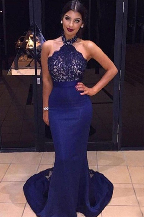 Chic Halter Lace Sleeveless Prom Dresses Simple Mermaid Sexy Evening Dresses Cheap