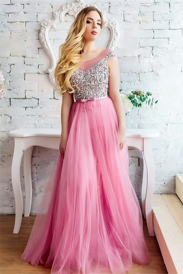 Cap Sleeves Bateau Beaded Belted Elegant Prom Dresses | Long Tulle Evening Dresses