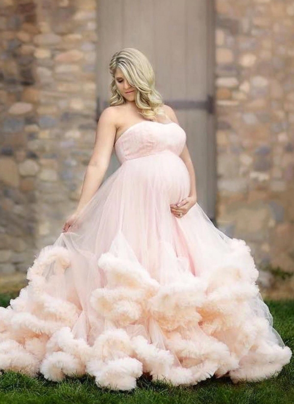 Long Pink Strapless Cloud Pregnant Maternity Wedding Dresses