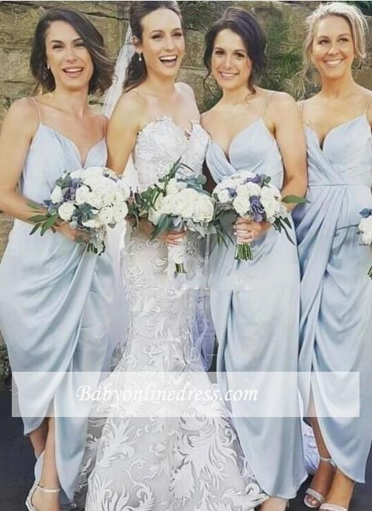Sky-Blue Ruffles Spaghettis-Straps Sheath Slit Bridesmaid Dresses