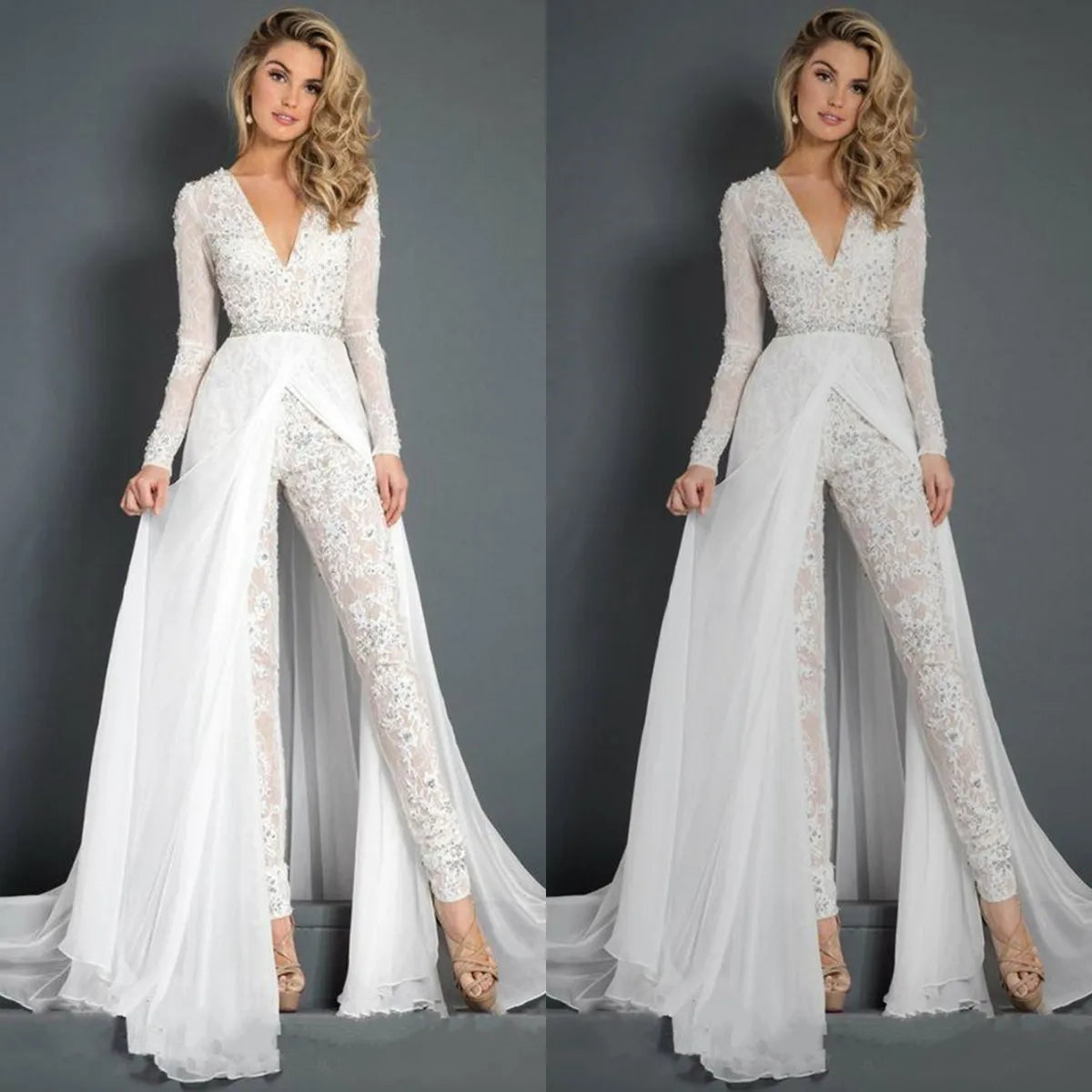 Formal White Lace Deep V-Neck Jumpsuits for Women-Babyonlinedress