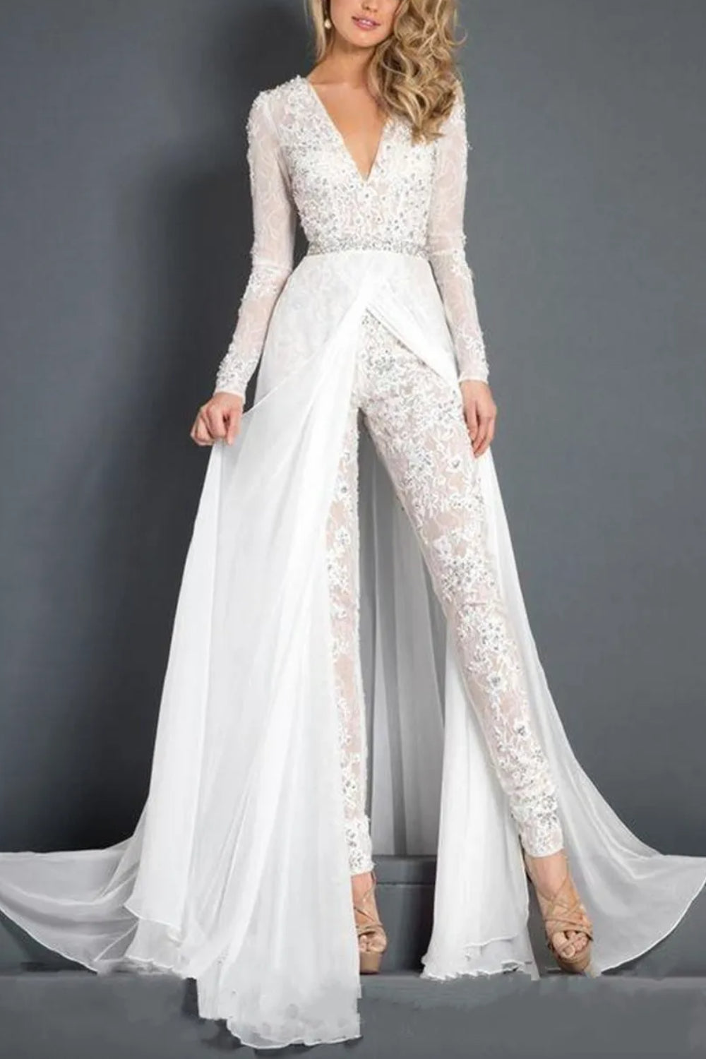 Formal White Lace Deep V-Neck Jumpsuits for Women-Babyonlinedress