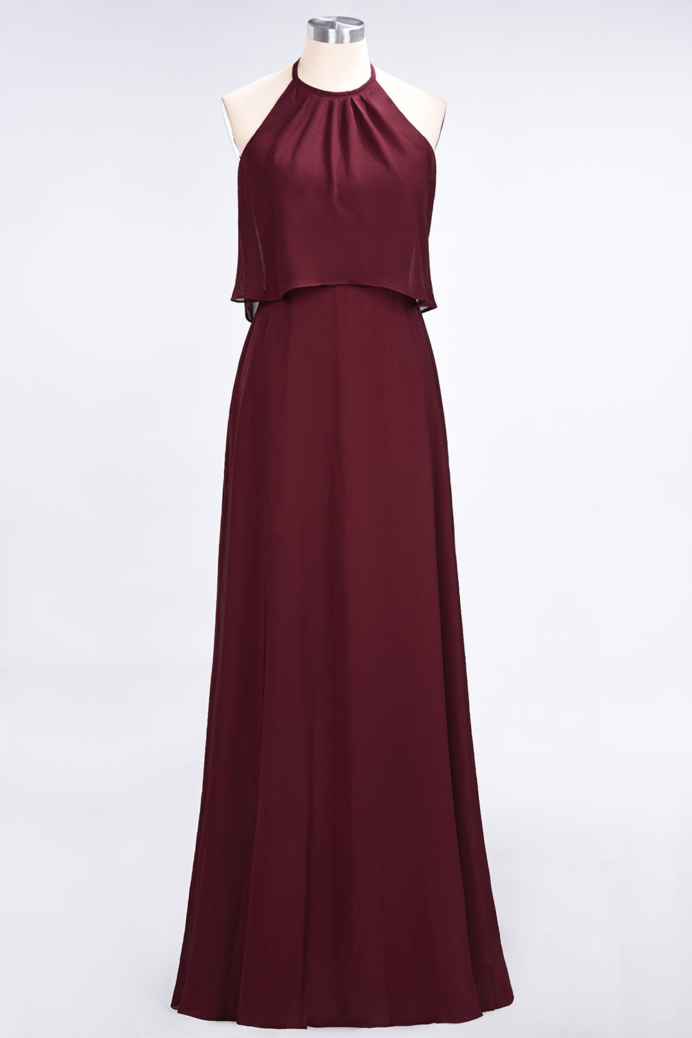 Gorgeous Chiffon Flounced Crinkle Sheath Long Burgundy Bridesmaid Dresses-Babyonlinedress