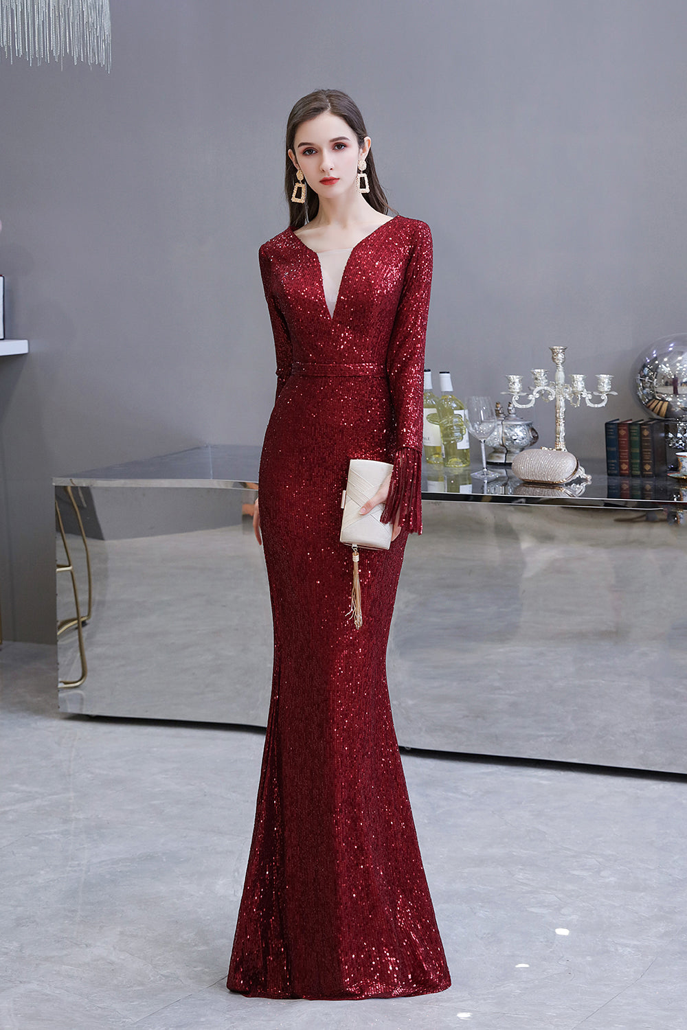 Gorgeous Sequins Long Sleeve V-Neck Mermaid Evening Gowns-Babyonlinedress