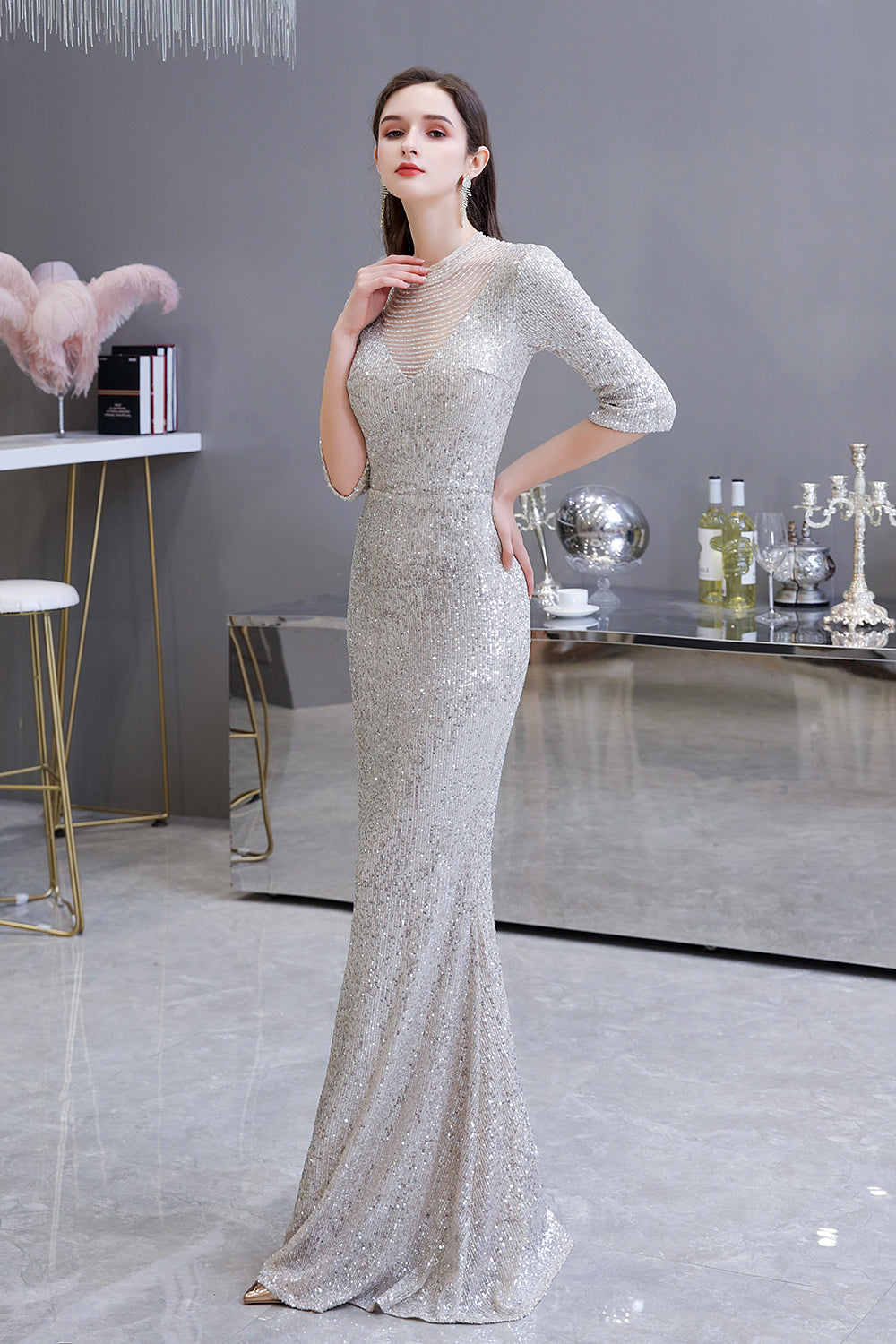 Gorgeous Silver Long sleeves Long Prom Dress-Babyonlinedress