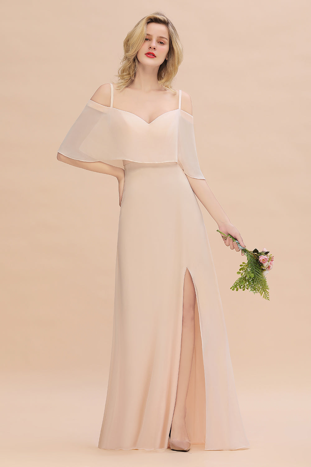 Gorgeous Spaghetti Straps Flounced Crinkle Affordable Bridesmaid Dresses with Slit-Babyonlinedress