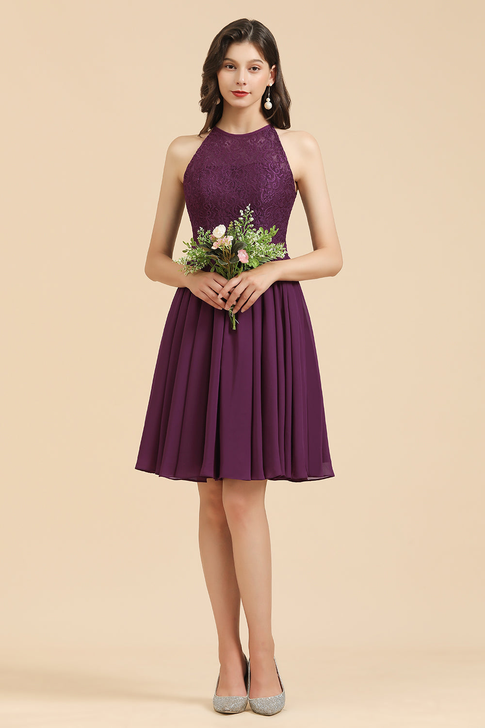 Halter Lace Bridesmaid Dress Chiffon Sleeveless Short Dress-Babyonlinedress