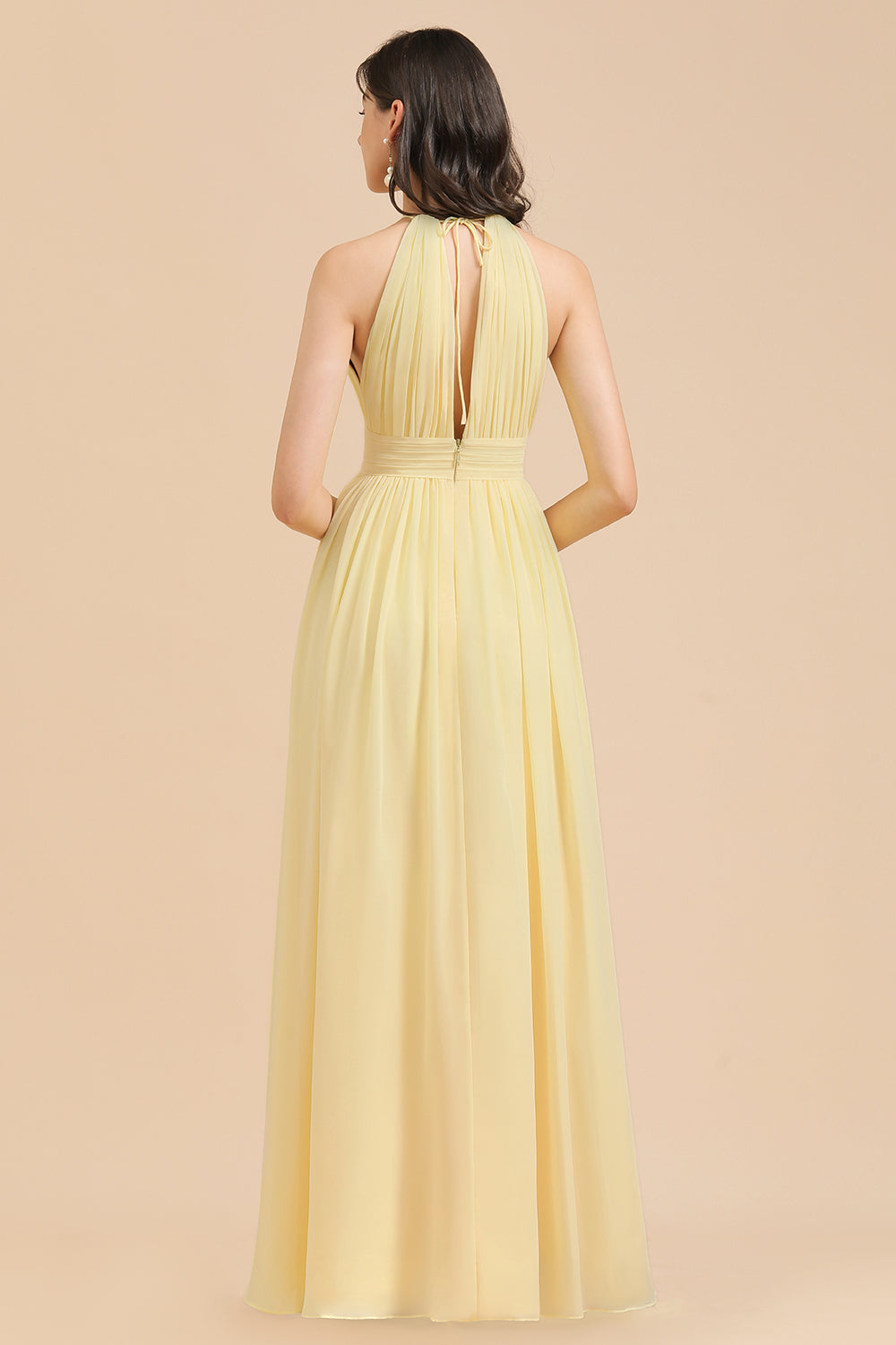 Halter Sleeveless Daffodil Chiffon Bridesmaid Dress with Ruffles-Babyonlinedress