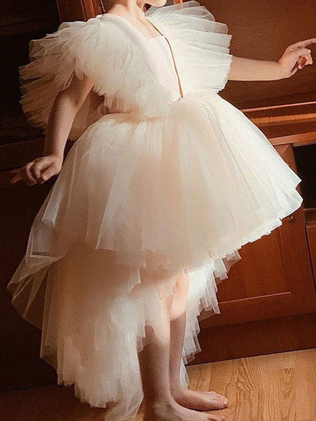 High Low Ball Gown Tulle Wedding Party Flower Girl Dresses-Babyonlinedress