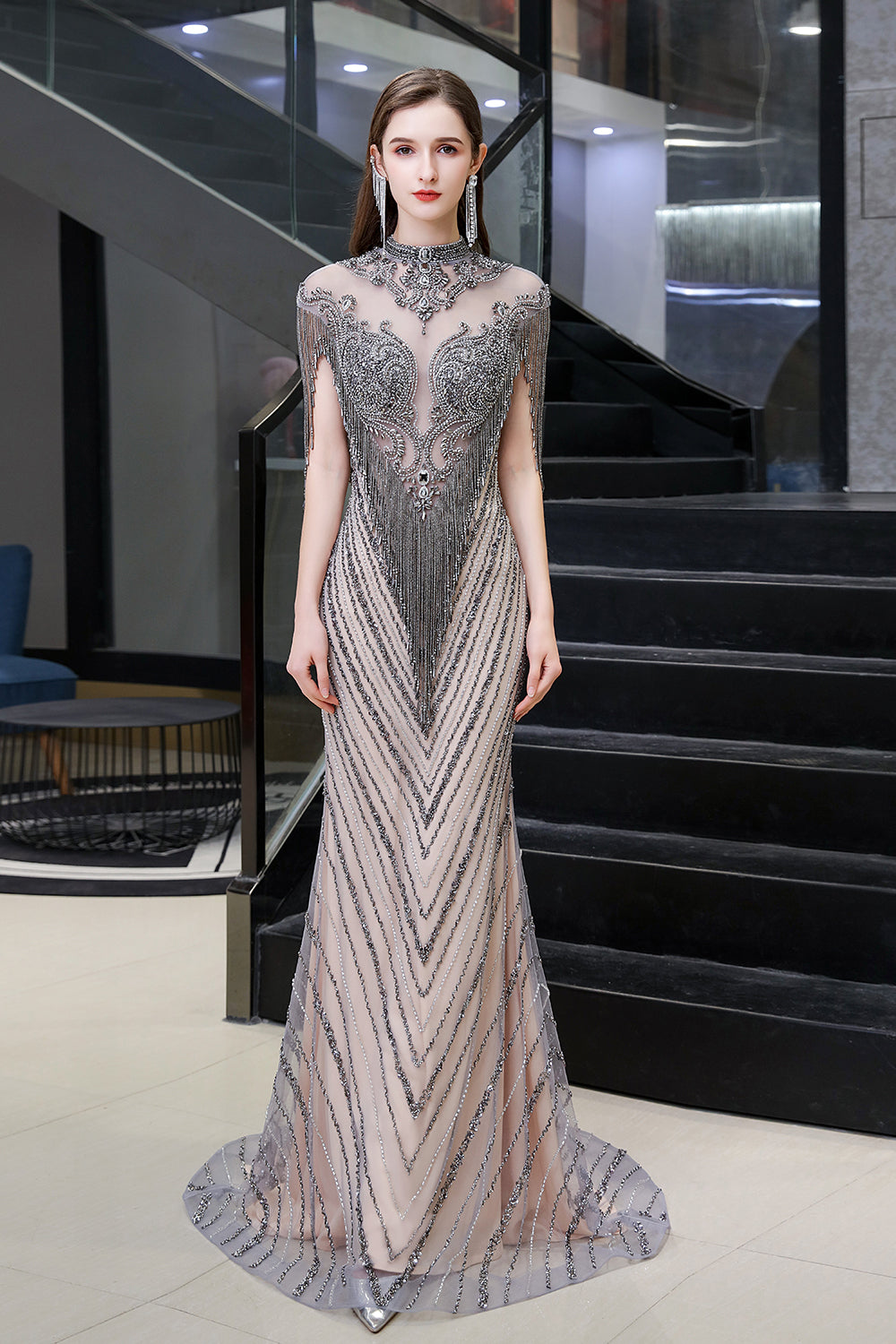 High Neck Cap sleeves Sparkle Beads Long Prom Dresses-Babyonlinedress