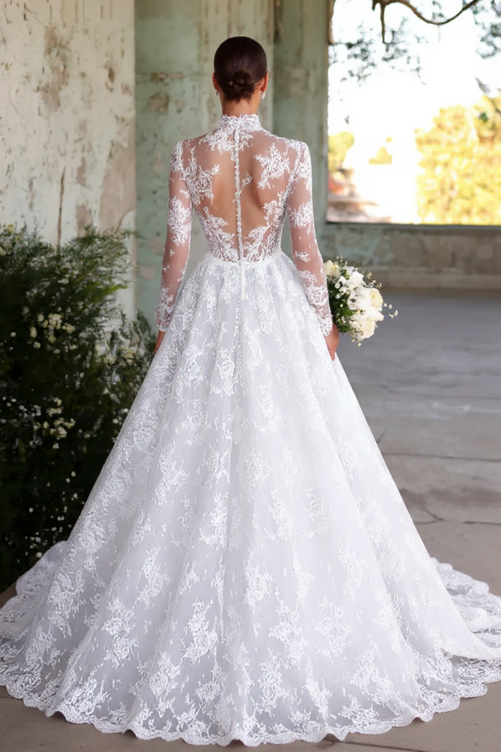 High Neck Long Sleeves A-line Wedding Dress with Lace Applique-Babyonlinedress