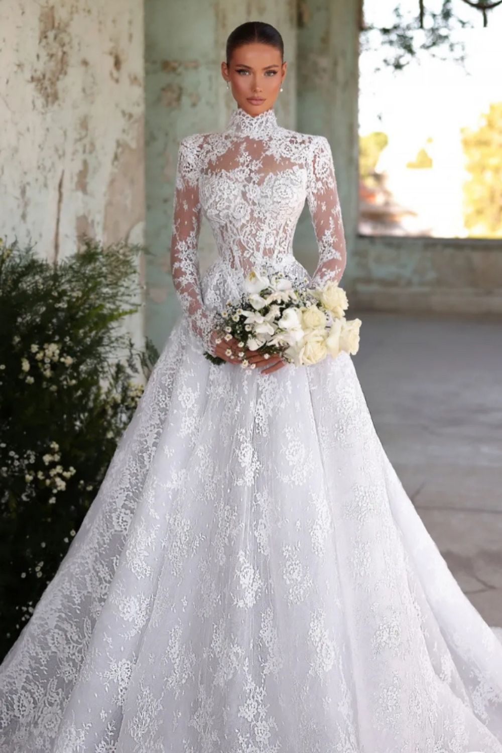 High Neck Long Sleeves A-line Wedding Dress with Lace Applique-Babyonlinedress