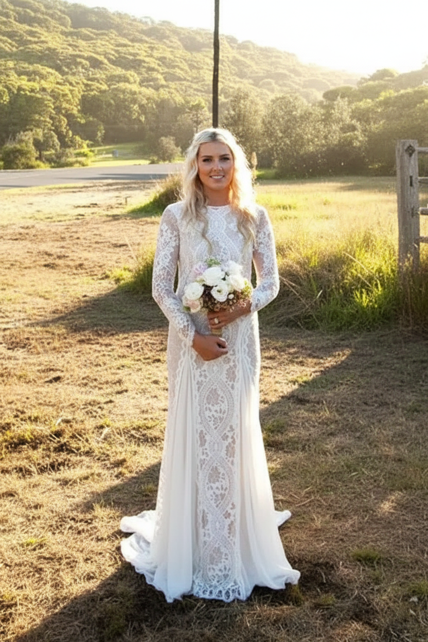 Boho Long Sleeves Long A-line Lacde Wedding Dress