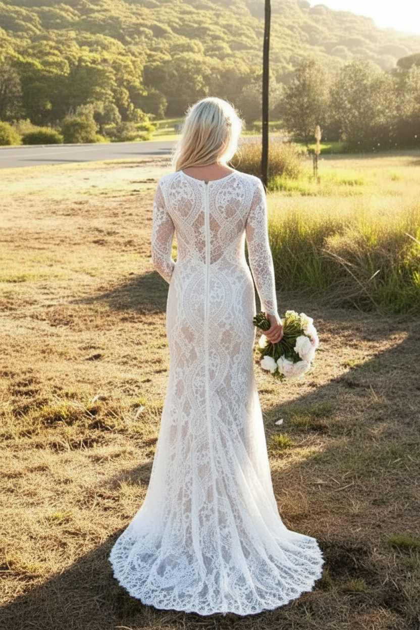 Boho Long Sleeves Long A-line Lacde Wedding Dress