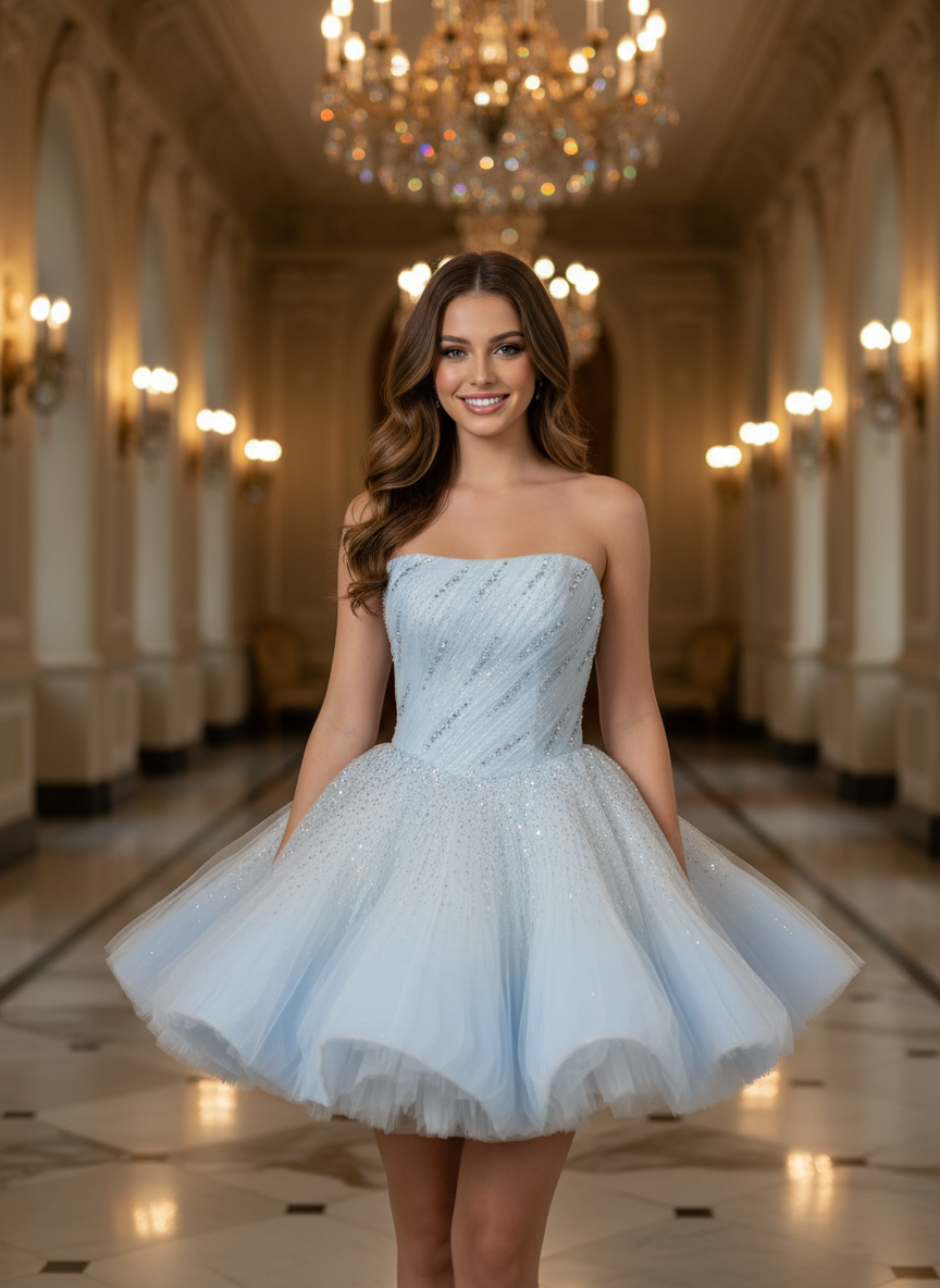 Elegant Blue Strapless Ball Gown Homecoming Dress with Beaded