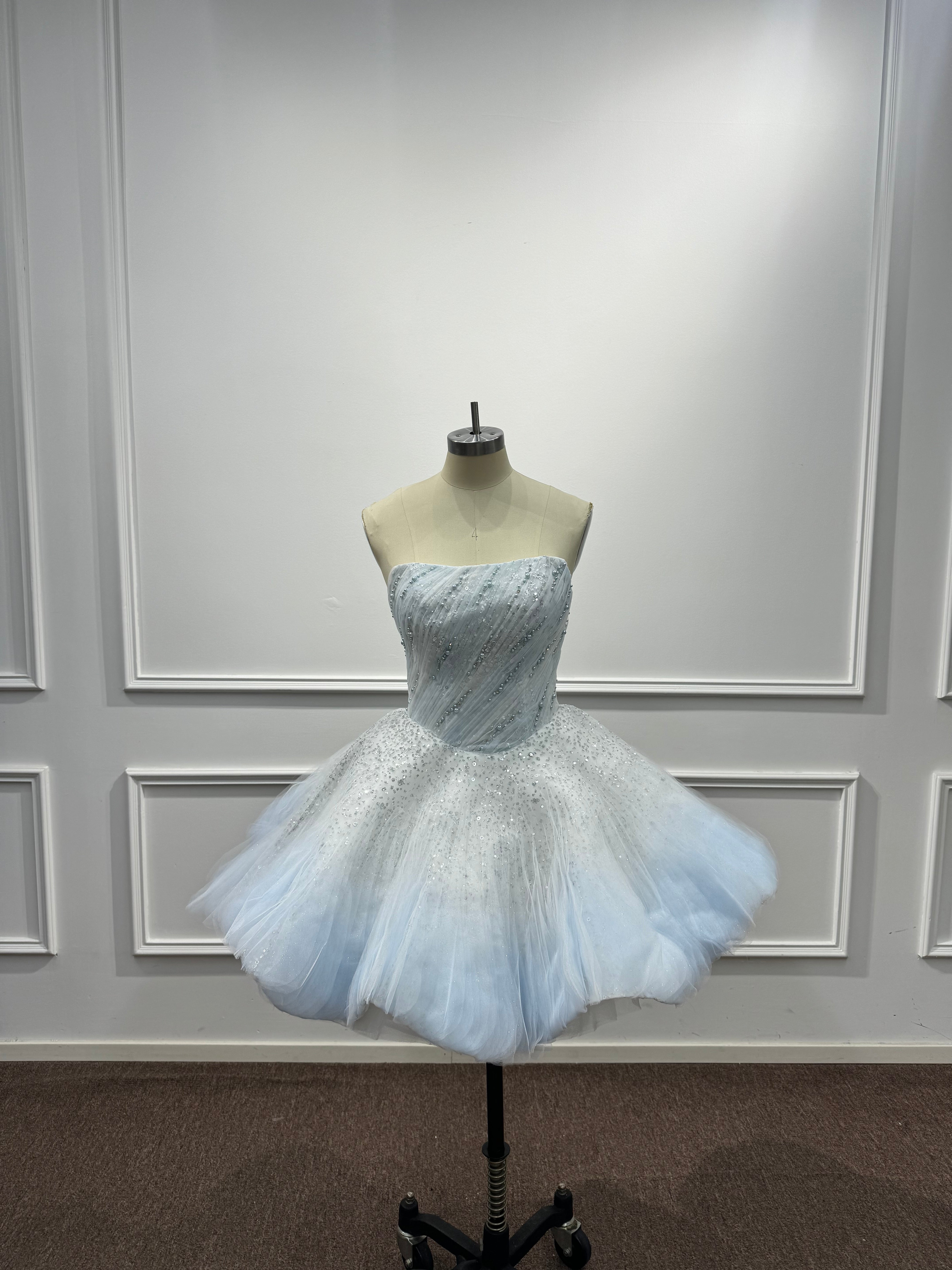 Elegant Blue Strapless Ball Gown Homecoming Dress with Beaded