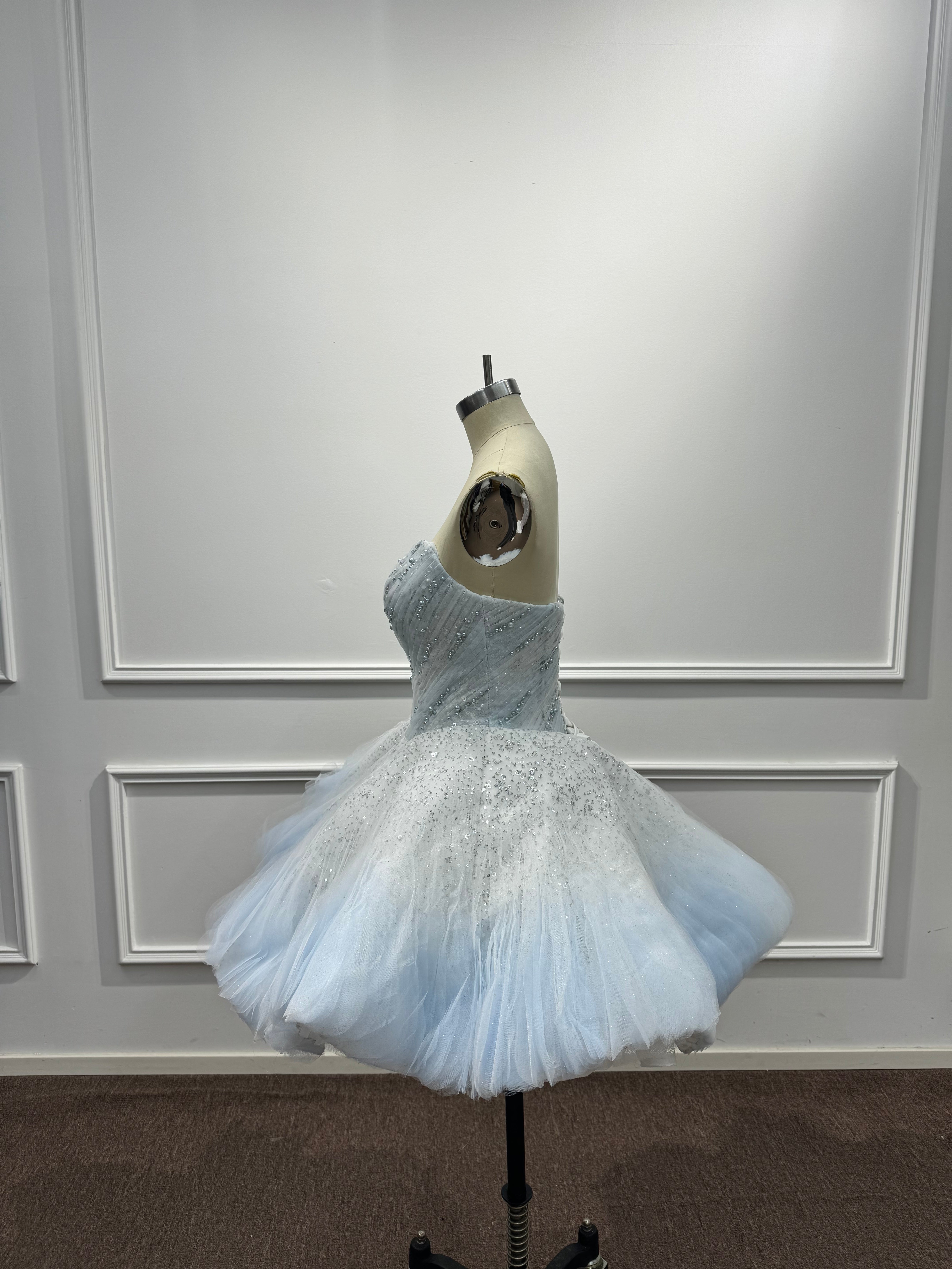 Elegant Blue Strapless Ball Gown Homecoming Dress with Beaded