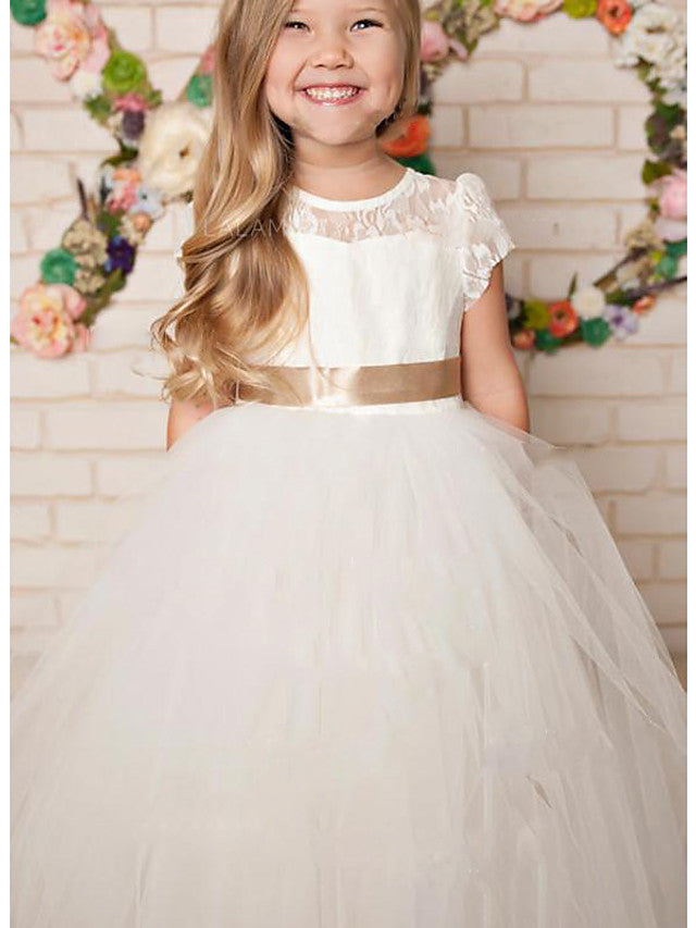 Long A-Line Lace Satin Tulle Jewel Neck Wedding Party Flower Girl Dresses-Babyonlinedress