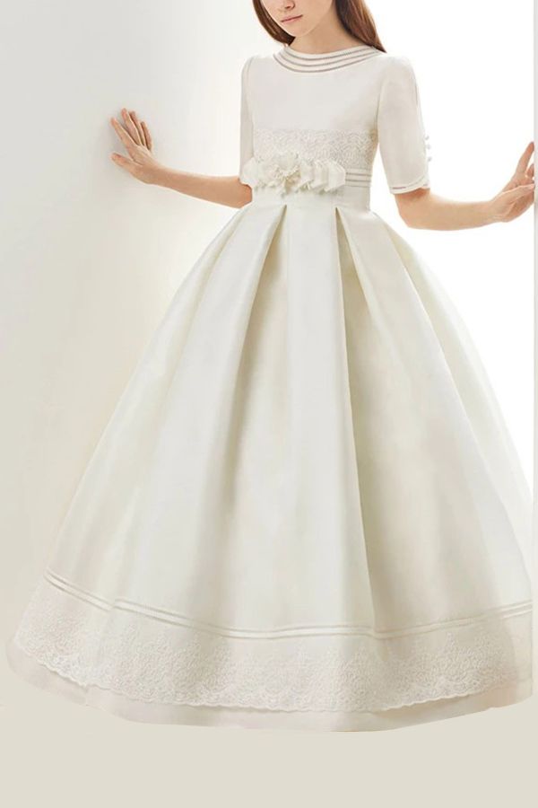 Long A-line Ruffle Jewel Neck Half Sleeves Flower Girl Dresses For Pageant-Babyonlinedress