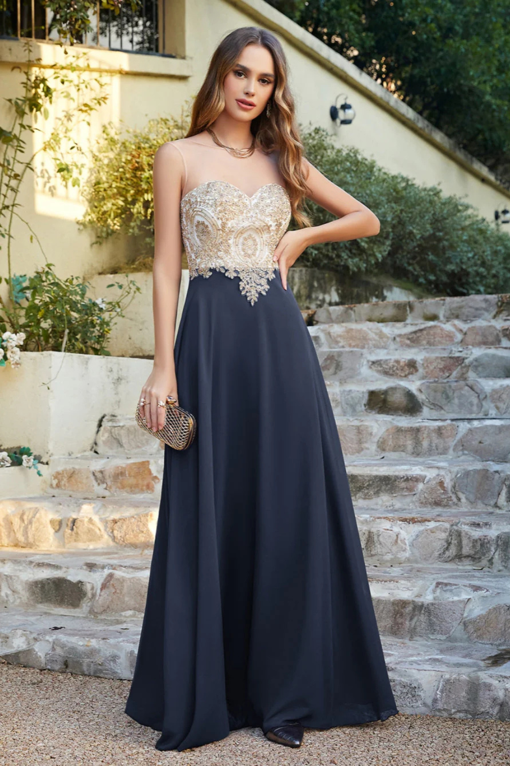 Long A-line Scoop Chiffon Appliques Floor-Length Bridesmaid Dresses-Babyonlinedress