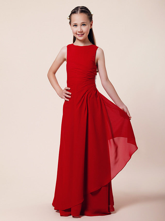 Long A-Line Sheath Flower Girl Dresses Bateau Neck Chiffon Junior Bridesmaid Dress-Babyonlinedress