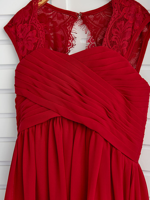 Long A-Line Square Neck Chiffon Junior Bridesmaid Dress With Lace Ruching-Babyonlinedress